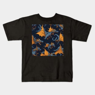 Blue And Orange Flying Dragons Tileable Seamless Pattern Design Kids T-Shirt